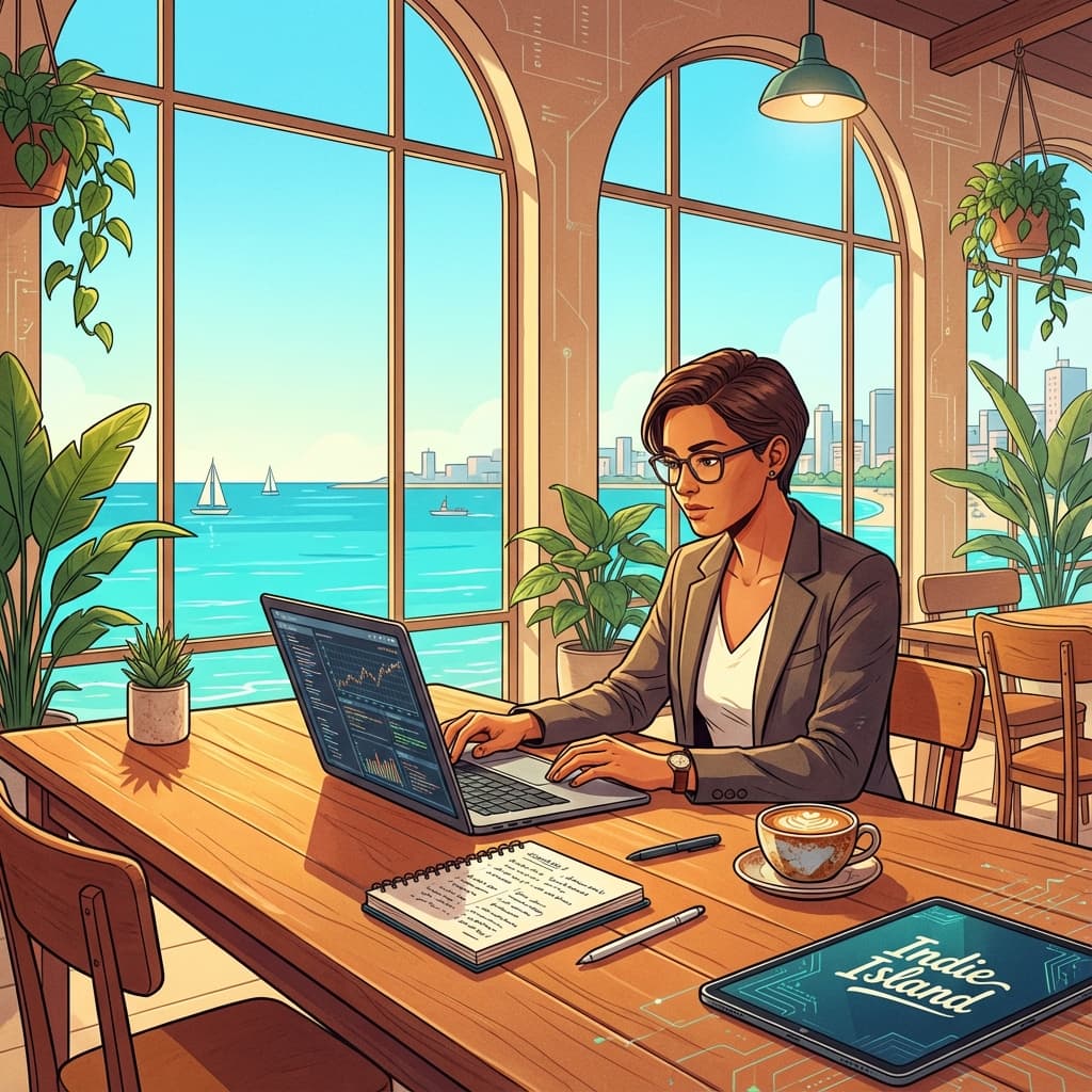 Digital nomad working professionally in a sunlit cafe